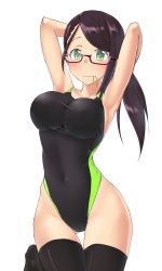 Rule 34 | 1girl, aimobake, armpits, arms behind head, arms up, bad id, bad twitter id, bespectacled, black-framed eyewear, black hair, black one-piece swimsuit, black thighhighs, breasts, collarbone, commentary request, competition swimsuit, covered navel, cowboy shot, glasses, gluteal fold, green eyes, highres, idolmaster, idolmaster cinderella girls, long hair, medium breasts, mouth hold, one-piece swimsuit, rubber band, semi-rimless eyewear, simple background, solo, swept bangs, swimsuit, thighhighs, under-rim eyewear, white background, yamato aki