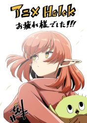 Rule 34 | 1boy, 1girl, animal, bird, brown gloves, closed mouth, gloves, helck, holding, holding animal, hooded robe, long hair, nanao nanaki, piwi, pointy ears, red hair, red robe, robe, simple background, upper body, vermilio (helck), white background, wind, yellow eyes