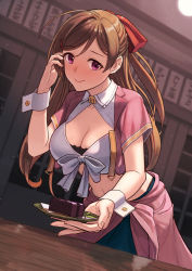 Rule 34 | 1girl, ahoge, alternate costume, blush, breasts, brown hair, commission, dutch angle, food, hair ornament, hair ribbon, hairclip, hand in own hair, hand up, holding, holding plate, kantai collection, leaning forward, long hair, looking at viewer, mamiya (kancolle), midriff, plate, ponytail, ribbon, shirt, skeb commission, solo, tantaka, tied shirt, wrist cuffs