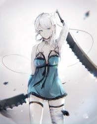 Rule 34 | 1girl, asymmetrical hair, bandaged arm, bandaged leg, bandaged neck, bandages, blurry, breasts, cleavage, commentary request, depth of field, dual wielding, flower, hair flower, hair ornament, holding, kaine (nier), kikori70796699, lingerie, long hair, looking at viewer, medium breasts, negligee, nier, nier (series), sinoalice, solo, sword, thigh strap, underwear, weapon, white flower, white hair