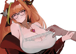 Rule 34 | 1boy, 1girl, ahoge, blonde hair, blunt bangs, breasts, cleavage, closed mouth, collarbone, commentary, dismassd, dragon horns, glasses, half-closed eyes, highres, hololive, horns, huge breasts, jewelry, kiryu coco, kiryu coco (loungewear), long hair, long sleeves, looking at viewer, male hand, multicolored hair, necklace, orange hair, simple background, solo focus, streaked hair, symbol-only commentary, virtual youtuber, white background