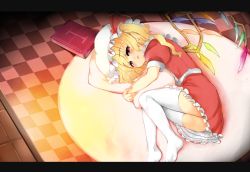 Rule 34 | 1girl, ass, bad id, bad pixiv id, blonde hair, book, female focus, flandre scarlet, letterboxed, lying, no panties, ponytail, red eyes, short hair, short hair with long locks, side ponytail, solo, thighhighs, toichi, touhou, white thighhighs, wings