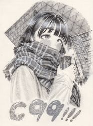 Rule 34 | 1girl, 6+others, absurdres, backpack, bag, blunt bangs, blush, building, can, eyelashes, fingernails, greyscale, hatching (texture), highres, hirune (imomonono), holding, holding can, long eyelashes, long hair, monochrome, multiple others, original, outdoors, scarf, sleeves past wrists, slit pupils, solo focus, steam, traditional media, upper body, walking