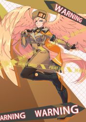 Rule 34 | 1girl, blonde hair, blue eyes, boots, coat, english text, fingerless gloves, gloves, guilty gear, guilty gear strive, knee boots, long hair, millia rage, pantyhose, prehensile hair, scarf, solo, very long hair, wings, winter clothes