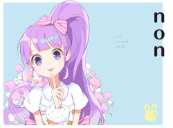 Rule 34 | 1girl, ;p, bad id, bad twitter id, blue background, blunt bangs, bow, character name, commentary request, english text, finger to mouth, flower, hair bow, hand up, long hair, looking at viewer, manaka non, one eye closed, pink bow, pink flower, pretty series, pripara, purple eyes, purple hair, short sleeves, side ponytail, sidelocks, smile, solo, tongue, tongue out, tulaca (pixiv), upper body