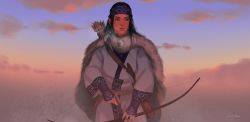 Rule 34 | 1girl, aged up, ainu clothes, arrow (projectile), asirpa, black hair, blue eyes, bow (weapon), cape, cloud, duke kleist, earrings, fingerless gloves, fur cape, gloves, golden kamuy, highres, hoop earrings, jewelry, outdoors, purple gloves, quiver, sheath, sheathed, solo, standing, twilight, weapon