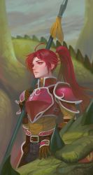 Rule 34 | 1girl, armor, dragon, fire emblem, fire emblem: path of radiance, gloves, jill (fire emblem), long hair, nintendo, polearm, ponytail, red eyes, red hair, simple background, solo, weapon, yagaminoue