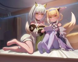 Rule 34 | 2girls, absurdres, animal ear fluff, animal ears, arknights, bad id, bad pixiv id, barefoot, bed sheet, black gloves, blonde hair, blue hairband, blurry, blurry background, blush, cat ears, chinese commentary, clenched teeth, closed mouth, commentary request, dress, earpiece, feet, female focus, fox ears, fox girl, fox tail, gloves, green dress, green eyes, grey hair, hair rings, hairband, highres, holding, indoors, kal&#039;tsit (arknights), leaning to the side, legs, legs together, long hair, looking at viewer, multiple girls, multiple tails, off-shoulder dress, off-shoulder jacket, off shoulder, pantyhose, purple pantyhose, shadow, shiny skin, sitting, soles, suzuran (arknights), taichi suzuki, tail, teeth, thighs, toes, torn clothes, torn legwear, white gloves