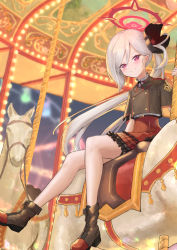 Rule 34 | 1girl, absurdres, black footwear, black jacket, blue archive, boots, buttons, carousel, closed mouth, cropped jacket, double-breasted, grey hair, halo, high-waist skirt, highres, jacket, koseikogani, long hair, looking at viewer, mutsuki (blue archive), pink eyes, pointy ears, red eyes, red skirt, shirt, shirt tucked in, short sleeves, side ponytail, sitting, skirt, solo, split mouth, thigh strap, white shirt
