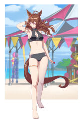 Rule 34 | 1girl, absurdres, ahoge, animal ears, arm up, armpits, bails, barefoot, beach, bikini, black bikini, black nails, blue sky, blurry, blurry background, border, bracelet, breasts, brown hair, candy, cleavage, cleavage cutout, closed mouth, clothing cutout, cloud, cloudy sky, commentary request, ear ornament, ear piercing, food, full body, hair between eyes, highres, holding, holding candy, holding food, holding lollipop, horse ears, horse girl, horse tail, jewelry, lollipop, long hair, medium breasts, nail polish, nakayama festa (entrust myself to the dice) (umamusume), nakayama festa (umamusume), official alternate costume, outdoors, piercing, purple eyes, sand, sky, solo, swimsuit, tail, thigh strap, toenail polish, toenails, umamusume, water, white border