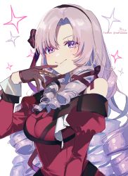 Rule 34 | 1girl, absurdres, bare shoulders, black gloves, black hairband, black ribbon, bow, breasts, dress, drill hair, finger to mouth, gloves, hair bow, hair ribbon, hairband, highres, hyakumantenbara salome, hyakumantenbara salome (1st costume), large breasts, light purple hair, long hair, long sleeves, looking at viewer, nijisanji, off-shoulder dress, off shoulder, parted bangs, puffy long sleeves, puffy sleeves, purple dress, purple eyes, ribbon, simple background, smile, sofra, solo, sparkle, very long hair, virtual youtuber, white background