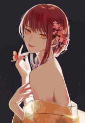 Rule 34 | 1girl, alternate costume, bare shoulders, black background, braid, bug, butterfly, chainsaw man, collar, flower, hair flower, hair ornament, highres, insect, japanese clothes, jewelry, lips, long hair, looking at viewer, makima (chainsaw man), nori 8710, red hair, ring, ringed eyes, sidelocks, smile, solo, undressing, upper body, white collar, yellow eyes