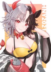 Rule 34 | 1girl, 2021, animal ears, animal print, bare shoulders, bell, belt, black hair, bra, breasts, buckle, cleavage, closed mouth, collar, collarbone, commentary request, cow ears, cow girl, cow horns, cow print, cow tail, grey hair, haori, head tilt, highres, horns, japanese clothes, light smile, looking at viewer, medium breasts, medium hair, multicolored hair, neck bell, red collar, red eyes, snap-fit buckle, solo, split-color hair, statue, tail, torinari (dtvisu), touhou, two-tone hair, underwear, upper body, ushizaki urumi, wide sleeves, yellow bra