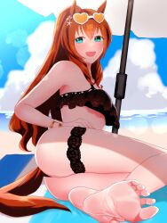 Rule 34 | 1girl, :d, animal ears, aqua eyes, ass, bare shoulders, barefoot, beach, bikini, black bikini, blue sky, bracelet, breasts, brown hair, cloud, cloudy sky, commentary request, ear ornament, eyewear on head, feet, gold bracelet, hair between eyes, heart, heart-shaped eyewear, highres, horse ears, horse girl, horse tail, jewelry, legs, long hair, looking at viewer, maruzensky (blasting off summer night) (umamusume), maruzensky (umamusume), medium breasts, nitsutomeo shinobu, ocean, official alternate costume, official alternate hairstyle, on ground, open mouth, outdoors, sand, sky, smile, soles, solo, sunglasses, swimsuit, tail, thigh strap, toes, umamusume, umbrella, under umbrella, water