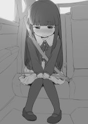 Rule 34 | 1girl, absurdres, blunt bangs, blush, car interior, cardigan, chair, child, closed mouth, dress, embarrassed, female focus, flat chest, frilled sleeves, frills, full body, greyscale, half-closed eyes, have to pee, highres, hime cut, idolmaster, idolmaster cinderella girls, indoors, knees together feet apart, leaning forward, long hair, long sleeves, looking down, mary janes, monochrome, neck ribbon, nose blush, open cardigan, open clothes, own hands together, pantyhose, pigeon-toed, ribbon, sajo yukimi, seatbelt, shoes, sidelocks, sitting, solo, sweat, tamura-chan, textless version, v arms