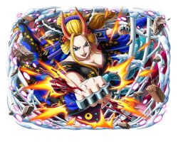 Rule 34 | 1girl, black maria (one piece), blonde hair, blue eyes, brass knuckles, breasts, cleavage, hair ornament, horns, japanese clothes, kimono, large breasts, long hair, looking at viewer, official art, one piece, one piece treasure cruise, oni horns, open mouth, solo, teeth, upper teeth only, weapon