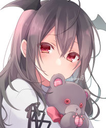 Rule 34 | 1girl, ahoge, black wings, blush, brown hair, closed mouth, commentary request, demon wings, hair between eyes, head wings, highres, kuroi (liar-player), long hair, looking at viewer, mouth hold, hugging object, original, plaid, red eyes, shirt, simple background, solo, stuffed animal, stuffed toy, teddy bear, twitter username, upper body, white background, white shirt, wings