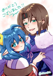 Rule 34 | 1boy, 1girl, ahoge, ashton anchors, blue eyes, blue hair, blush, cape, closed mouth, crescent, crescent hair ornament, hair ornament, looking at viewer, open mouth, pointy ears, red cape, rena lanford, short hair, simple background, smile, star ocean, star ocean the second story, tsubikkii ossansukii, white background