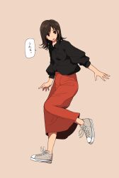 Rule 34 | 1girl, absurdres, azumaya toushirou, black shirt, brown background, brown eyes, brown hair, collared shirt, dot nose, foot up, from side, full body, furrowed brow, grey footwear, high-waist skirt, highres, laces, leaning forward, long skirt, long sleeves, looking to the side, medium hair, open mouth, original, parted bangs, red skirt, shirt, shirt tucked in, shoes, sidelocks, simple background, skirt, sneakers, solo