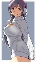 Rule 34 | 1girl, breasts, cleavage cutout, clothing cutout, duke (inu daimyou), earmuffs, green eyes, hair ornament, hair scrunchie, large breasts, long hair, long sleeves, love live!, love live! school idol project, low twintails, meme attire, open-chest sweater, purple hair, purple scrunchie, scrunchie, solo, sweater, thighs, tojo nozomi, twintails, white sweater