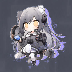 Rule 34 | 1girl, :&lt;, animal ears, arknights, artist name, black footwear, black sweater, blush, cat ears, cat girl, cat tail, chibi, grey background, grey hair, headset, holding, implied extra ears, knee up, long hair, long sleeves, no headwear, no headwear, pants, renren, schwarz (arknights), simple background, solo, sweater, tail, thigh strap, white pants, yellow eyes