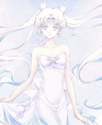 Rule 34 | 1girl, bad id, bad pixiv id, bare shoulders, bishoujo senshi sailor moon, bishoujo senshi sailor moon (first season), crescent, crescent facial mark, crescent moon, double bun, dress, earrings, facial mark, floating hair, forehead mark, gradient background, hair bun, jewelry, light smile, long hair, looking at viewer, moon, parted bangs, queen serenity, saki (hxaxcxk), sleeveless, sleeveless dress, solo, sparkle, strapless, strapless dress, twintails, very long hair, white dress, white eyes, white hair, white theme