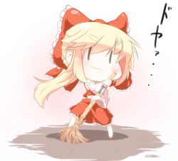Rule 34 | 1girl, alternate costume, bamboo broom, blade, blonde hair, bow, broom, chibi, cosplay, detached sleeves, female focus, goliath doll, hair bow, hakurei reimu, hakurei reimu (cosplay), concealed weapon, japanese clothes, long hair, miko, mintmochi (artist), mochinabe, ponytail, skirt, skirt set, smile, solo, touhou, weapon, | |