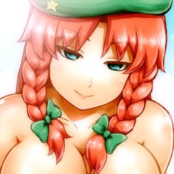 Rule 34 | 1girl, aqua eyes, braid, breasts, cleavage, collarbone, commentary request, female focus, half-closed eyes, hat, hong meiling, large breasts, long hair, looking at viewer, out-of-frame censoring, portrait, red hair, shirosato, smile, solo, star (symbol), topless frame, touhou, twin braids, upper body