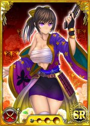 Rule 34 | 1girl, bare shoulders, belt, black hair, breasts, card (medium), collarbone, dmm, female focus, fingerless gloves, gloves, gun, japanese clothes, large breasts, legs, looking at viewer, nobunaga wa ore no yome. hime bushou 1000-ningiri, official art, open clothes, pink eyes, ponytail, sarashi, serious, simple background, skirt, solo, standing, thighs, trading card, weapon