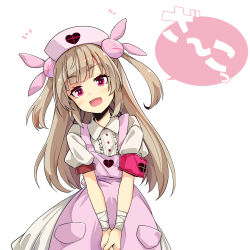 Rule 34 | 1girl, apron, collared shirt, hair ornament, hat, heart, light brown hair, long hair, looking at viewer, natori sana, notice lines, nurse cap, ogami kazuki, pink apron, pink eyes, pink hat, puffy short sleeves, puffy sleeves, sana channel, shirt, short sleeves, simple background, solo, two side up, v arms, virtual youtuber, white background