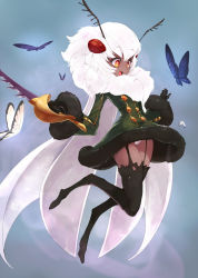 Rule 34 | 1girl, antennae, ario, arthropod girl, black gloves, black thighhighs, bug, butterfly, coat, coat dress, dark-skinned female, dark skin, dress, duplicate, from side, fur coat, fur trim, garter straps, gloves, holding, holding sword, holding weapon, insect, insect girl, jumping, melange (ario), monster girl, moth girl, open mouth, original, panties, pantyshot, personification, red eyes, short hair, smile, solo, sword, symbol-shaped pupils, thighhighs, torn clothes, underwear, weapon, white hair, white panties, wings