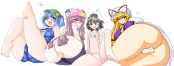 Rule 34 | 4girls, ass, bespectacled, black hair, blonde hair, blue hair, cleft of venus, crescent, crescent hat ornament, female focus, glasses, hat, hat ornament, highres, huge ass, inaba tewi, kawashiro nitori, long hair, long image, multiple girls, namidame, one-piece swimsuit, one eye closed, patchouli knowledge, purple hair, pussy, ribbon, school swimsuit, short hair, swimsuit, touhou, translation request, two side up, uncensored, white school swimsuit, white one-piece swimsuit, wide image, wink, yakumo yukari