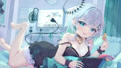 Rule 34 | 1girl, aqua eyes, bare shoulders, barefoot, breasts, camisole, choker, cleavage, collarbone, colored inner hair, computer, dress, earrings, feet up, food, green hair, grey hair, halo, highres, indie virtual youtuber, indoors, jewelry, lace, lace-trimmed dress, lace trim, large breasts, light purple hair, livestream, long hair, looking at viewer, lying, mikaze oto, monitor, multicolored hair, on stomach, open mouth, original, playing games, power cord, puchiko (vtuber), scrunchie, smile, strap slip, swept bangs, tail, two-tone hair, virtual youtuber, wrist scrunchie