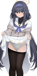 Rule 34 | 1girl, black hair, black pantyhose, blue archive, blue eyes, blue hairband, blue neckerchief, clothes lift, clothes pull, grey panties, hair between eyes, hairband, halo, highres, lifted by self, long hair, long sleeves, looking at viewer, momoiro lettuce, neckerchief, open mouth, panties, pantyhose, pantyhose pull, shirt, simple background, skirt, skirt lift, solo, standing, ui (blue archive), underwear, very long hair, white background, white shirt, white skirt