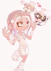 Rule 34 | 1girl, agent 8 (splatoon), bodysuit, brown eyes, brown hair, closed mouth, collarbone, commentary request, covered navel, crown, dark-skinned female, dark skin, drone, eyelashes, floating, full body, gradient hair, heart, highres, long hair, merute spla, multicolored hair, nintendo, non-humanoid robot, octoling, octoling girl, octoling player character, pearl drone (splatoon), purple hair, robot, simple background, sleeveless, sleeveless bodysuit, smile, splatoon (series), splatoon 3, splatoon 3: side order, standing, standing on one leg, tentacle hair, thick eyebrows, two-tone hair, white background, white bodysuit, white footwear