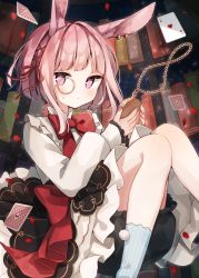Rule 34 | 1girl, @ @, ace (playing card), ace of hearts, animal ear fluff, animal ears, blue socks, blush, book, bow, bowtie, card, dress, ear piercing, feet out of frame, heart, heripiro, highres, holding, holding pocket watch, knees together feet apart, long sleeves, looking at viewer, monocle, nail polish, original, piercing, pink eyes, pink hair, pink nails, playing card, pocket watch, puffy long sleeves, puffy sleeves, rabbit ears, red bow, red bowtie, short hair, sidelocks, socks, solo, watch, white dress