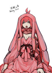 Rule 34 | 1girl, antenna hair, black sclera, bow, character name, colored sclera, dress, heart, heart-shaped pupils, lobotomy corporation, long sleeves, melting love, nishikujic, open mouth, personification, pink bow, pink dress, pink eyes, pink hair, pink scarf, pink veil, project moon, puffy long sleeves, puffy sleeves, scarf, simple background, sitting, solo, symbol-shaped pupils, white background