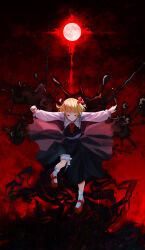 Rule 34 | 1girl, absurdres, black skirt, black vest, blonde hair, blood, blood on hands, bloomers, closed eyes, darkness, fang, frilled shirt collar, frills, hair ribbon, highres, long sleeves, mary janes, moon, necktie, nettian51, red footwear, red moon, red necktie, red ribbon, ribbon, rumia, shirt, shoes, skirt, skirt set, socks, solo, touhou, underwear, vest, white shirt