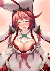Rule 34 | 1girl, ahoge, arc system works, blue eyes, blush, bow, bra, breasts, bridal veil, cleavage, cleavage cutout, clothing cutout, clover, dd mayohara, dress, earrings, elphelt valentine, closed eyes, four-leaf clover, gloves, guilty gear, guilty gear xrd, hairband, hat, jewelry, large breasts, long sleeves, looking at viewer, open mouth, pink bow, pink hair, puffy long sleeves, puffy sleeves, red bra, short hair, smile, solo, spikes, underwear, veil, white dress, white gloves