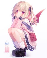 Rule 34 | 1girl, :&lt;, absurdres, baby bottle, bat wings, black bow, black footwear, blue sailor collar, blue skirt, blush, bottle, bow, closed mouth, commentary, full body, hair bow, highres, jacket, komachi pochi, light brown hair, long hair, long sleeves, looking at viewer, loose socks, makaino ririmu, makaino ririmu (4th costume), multicolored hair, nijisanji, off shoulder, open clothes, open jacket, pink hair, pink jacket, platform footwear, pleated skirt, pointy ears, red wings, sailor collar, shadow, shirt, shoes, skirt, sleeves past wrists, socks, solo, squatting, symbol-only commentary, two-tone hair, two side up, virtual youtuber, white background, white shirt, white socks, wings