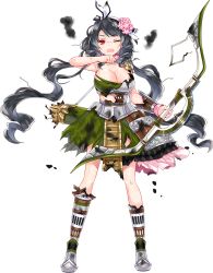 Rule 34 | &gt;;o, 1girl, arrow (projectile), bare shoulders, black hair, bow (weapon), breasts, cleavage, copyright name, covering face, drill hair, flower, full body, hair flower, hair ornament, holding, holding bow (weapon), holding weapon, komakiyama (oshiro project), large breasts, official art, oshiro project:re, oshiro project:re, quiver, red eyes, ririkuto, skirt, sleeve cuffs, sleeveless, solo, torn boots, torn clothes, torn skirt, transparent background, twin drills, twintails, v-shaped eyebrows, wavy hair, weapon