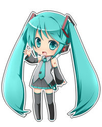 Rule 34 | 1girl, aqua eyes, aqua hair, chibi, hatsune miku, headset, kosumo, long hair, open mouth, outline, simple background, smile, solo, standing, twintails, very long hair, vocaloid, waving, white background