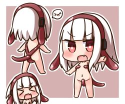 Rule 34 | &gt; &lt;, 1girl, :d, barefoot, blush, brown background, chibi, fang, hana kazari, hand up, living clothes, long hair, looking at viewer, multiple views, navel, open mouth, original, outstretched arm, red eyes, smile, tentacles, two-tone background, v-shaped eyebrows, white background, white hair, xd