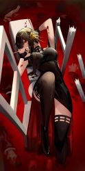 Rule 34 | 1girl, absurdres, black dress, black hair, black thighhighs, blood, blood on hands, boots, breasts, broken furniture, chair, dagger, dress, full body, highres, holding, holding weapon, kanzakimitoto, knife, large breasts, long hair, looking at viewer, lying, on back, solo, spy x family, stiletto (weapon), thigh boots, thighhighs, weapon, wooden chair, yor briar