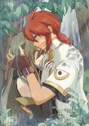 Rule 34 | 1boy, 1girl, blue eyes, blush, brown gloves, closed mouth, coat, commentary request, fingerless gloves, gloves, gold trim, green eyes, grey hair, highres, hug, komegura, leaf, long hair, low ponytail, luke fon fabre, medium hair, outdoors, rain, red hair, tales of (series), tales of the abyss, tear grants, tree, white coat, white gloves