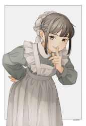 Rule 34 | 1girl, akai sashimi, apron, artist name, border, braid, brown eyes, brown hair, buttons, collared dress, cowboy shot, dress, finger to mouth, frilled apron, frills, grey background, grey dress, hand on own hip, hand up, highres, leaning forward, long sleeves, looking at viewer, maid, maid apron, original, outside border, parted lips, shushing, sidelocks, simple background, smile, solo, standing, white apron, white border