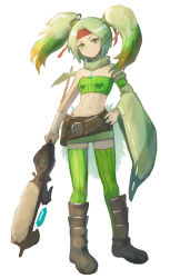 Rule 34 | 1girl, arm warmers, armlet, bare shoulders, belt, belt pouch, breasts, brown belt, brown footwear, commentary request, detached sleeves, duel monster, full body, fur, gradient hair, green eyes, green hair, green scarf, green skirt, green sleeves, green thighhighs, green tube top, hair ribbon, hand on own hip, headband, holding, holding staff, ishii (young-moon), long hair, looking at viewer, medallion, midriff, miniskirt, multicolored hair, navel, orange hair, parted bangs, pouch, red headband, red ribbon, reeze whirlwind of gusto, ribbon, scarf, shin guards, shoes, sidelocks, simple background, single arm warmer, single detached sleeve, skirt, small breasts, solo, staff, standing, strapless, striped clothes, striped thighhighs, thighhighs, tube top, twintails, vertical-striped clothes, vertical-striped thighhighs, white background, yu-gi-oh!, zettai ryouiki