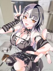 Rule 34 | 1girl, absurdres, belt, black belt, black choker, black dress, black gloves, black hair, black nails, black thighhighs, blush, bread, breasts, burnt, chest belt, choker, cleavage, dress, earrings, elbow gloves, food, frilled choker, frills, gloves, goth fashion, gurumie, highres, hololive, hololive english, jewelry, knife, large breasts, medium hair, multicolored hair, nail polish, open mouth, orange eyes, ring, shiori novella, shiori novella (1st costume), single thighhigh, solo, split-color hair, striped clothes, striped gloves, striped thighhighs, thighhighs, toaster, tongue, tongue out, v, virtual youtuber, white hair, yellow eyes