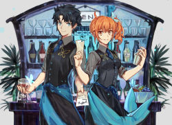 Rule 34 | 1boy, 1girl, alternate hairstyle, bartender, black hair, blue eyes, butterfly hair ornament, csyday, cup, drinking glass, fate/grand order, fate (series), fujimaru ritsuka (female), fujimaru ritsuka (male), hair between eyes, hair ornament, hair scrunchie, hair up, james moriarty (archer) (fate), orange hair, scrunchie, side ponytail, waistcoat, wine glass, yellow eyes