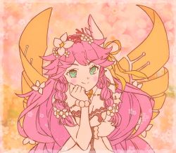 Rule 34 | 1girl, aburigirafa, aqua eyes, bead bracelet, beads, blush, bracelet, braid, closed mouth, dragalia lost, fairy, fairy wings, floral background, flower, hair flower, hair ornament, hand on own face, highres, jewelry, long hair, looking at viewer, notte (dragalia lost), pink hair, smile, solo, twin braids, upper body, very long hair, white flower, wings